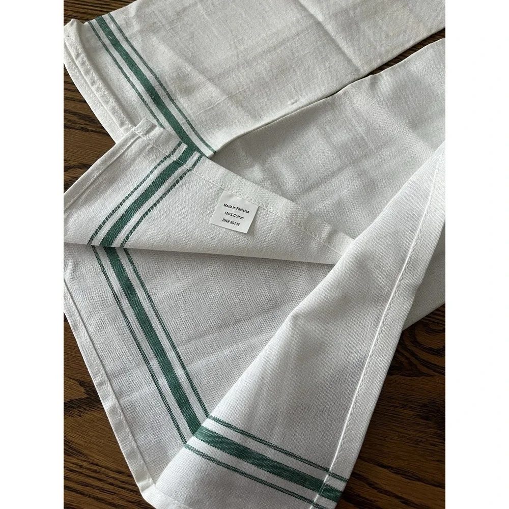 2 Kitchen Tea Hand Towels Light Cotton Green & White Stripes Pakistan 26 x 15